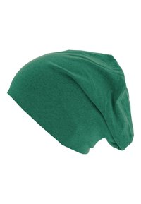 Green knit beanie with a soft texture, slouchy design, and a smooth finish. Features a tapered edge and loose fit towards the back.