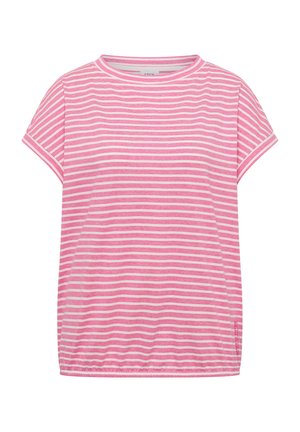 T-shirt à manches courtes rayé horizontalement rose et blanc avec un col rond et un ourlet élastique.