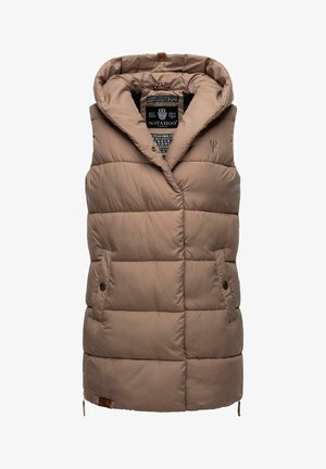 Light brown puffer vest with a hood, featuring a zippered front, two side pockets with buttons, and quilted texture. Logo detail inside.