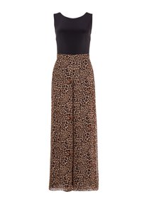 Haut sans manches noir avec un corsage ajusté et un pantalon fluide taille haute présentant un imprime léopard dans des teintes de marron et de noir.