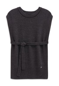 Dark gray knit poncho sweater with wide sleeves, a round neckline, and a tie belt at the waist. Ribbed hem and textured fabric.