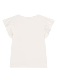 Lichtbeige t-shirt met korte mouwen en gerimpelde mouwen, gemaakt van zachte stof, met een ronde halslijn en een rechte zoom.