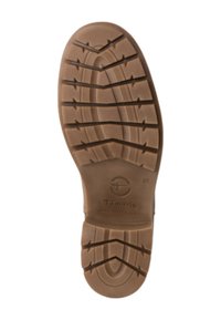 Semelle en caoutchouc marron avec de profondes rainures pour l'adhérence, arborant un logo circulaire en haut et la taille "37" estampillée.