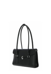 Sac à main en cuir noir avec deux longues anses, fermeture à rabat avant, et petite serrure tournante argentée sur fond blanc.