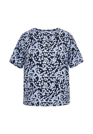 Camisa de manga corta azul marino con un estampado completo de pequeñas flores blancas y azul claro.
