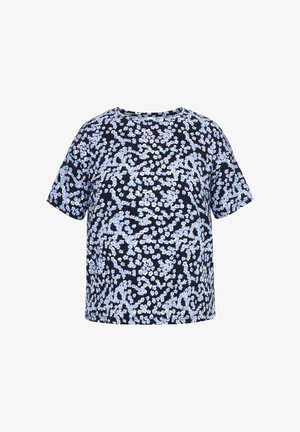 Camisa de manga corta azul marino con un estampado completo de pequeñas flores blancas y azul claro.