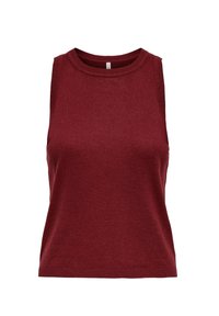 Top sans manches bordeaux en tricot avec un col rond, bordure côtelée aux épaules et à l'ourlet, présentant une texture lisse et une coupe ajustée.