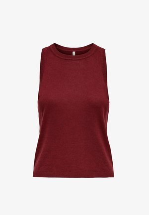 Burgunderfarget ermeløs strikket topp med rund hals, ribbestrikket kant på skuldrer og hem, med en glatt tekstur og tettsittende design.