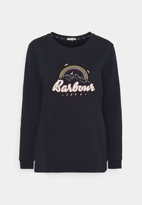 Námořnická mikina s vyšívaným designem hory a duhy, na které je nápis "Barbour 1894" v růžové barvě. Kulatý výstřih a dlouhé rukávy.