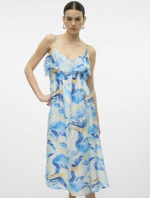 Ärmelloses Midikleid mit einer geschichteten Rüsche in einem blauen und cremefarbenen marmorierten Muster. Leichter Stoff, lässige Passform und Spaghettiträger.
