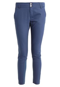 Námořnické strečové kalhoty s hladkou texturou, užšími nohavicemi, dvěma předními kapsami a dvěma stříbrnými knoflíky na pásku pro zapínání.