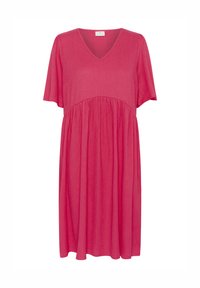 Robe fuchsia avec un décolleté en V, des manches courtes et une jupe évasée. Fabriquée en tissu léger avec une texture côtelée subtile.