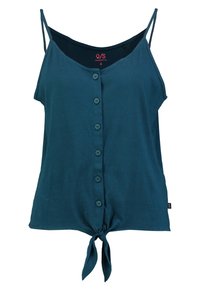 Turkos, ärmlös topp i lätt tyg, med knappstängning framtill och en knut i fållen. Justerbara spaghettiband.