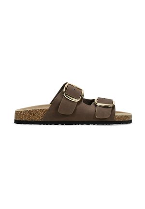 Sandalias marrones de mano con dos correas ajustables, hebillas metálicas, plantilla de corcho y suela de goma. Material superior suave.