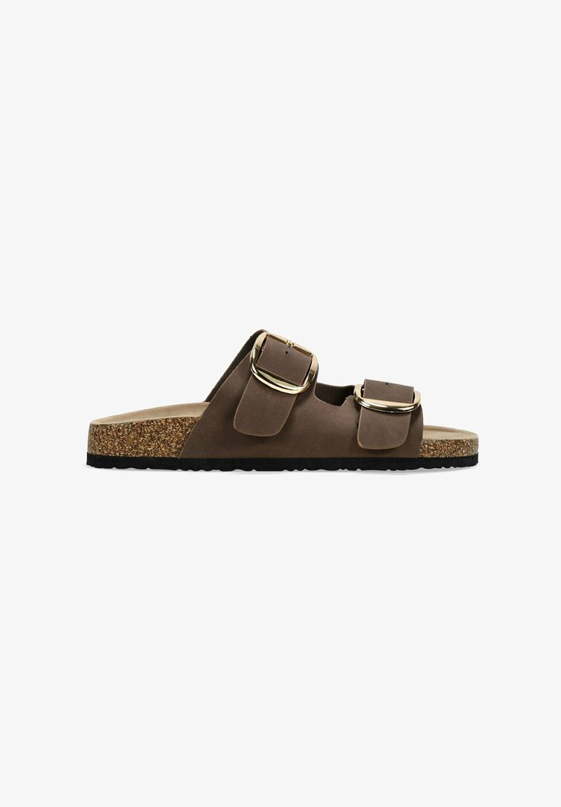 Sandalias marrones de mano con dos correas ajustables, hebillas metálicas, plantilla de corcho y suela de goma. Material superior suave.