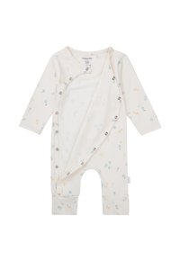 Weißer Baby-Overall mit langen Ärmeln, der ein gemustertes Design aus kleinen Blättern und Vögeln in Pastellfarben aufweist. Druckknöpfe entlang einer Seite.
