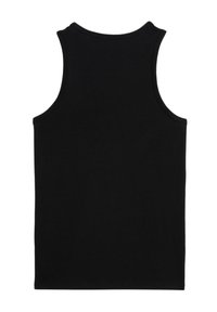 Top senza maniche di colore nero, realizzato in cotone, presenta un collo rotondo e un design semplice senza grafiche o adornamenti visibili.