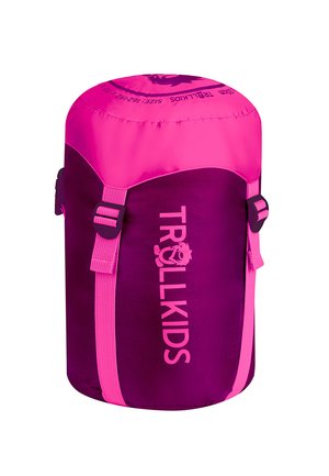 Kindgerechter Schlafsack in Lila und Pink mit "TROLLKIDS"-Logo und verstellbaren Gurten.