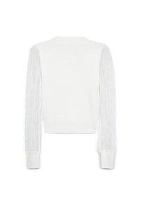 Weißer Pullover mit langen Spitzeärmeln. Rippkragen und -bündchen. Glatter Stoffkörper. Die Spitze weist ein florales Muster auf.