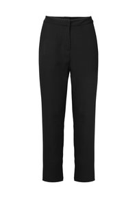 Zwarte broek met een rechte snit, elastische tailleband en geen zichtbare zakken. Gladde, lichtelastische stof. Enkel lengte ontwerp.