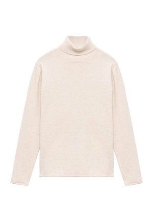 Pull en maille beige clair à col roulé, fabriqué en tissu doux et texturé. Il présente des manches longues et un col montant ajusté avec un ourlet droit.