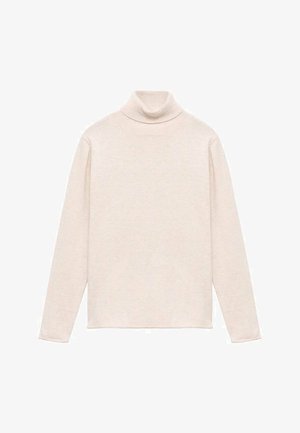 Svetlo bež pulover s turtleneck iz mehke, strukturirane tkanine. Ima dolge rokave in prilegajoč visoki ovratnik z ravnim robom.