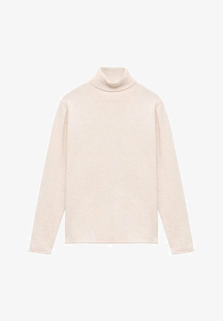 Svetlo bež pulover s turtleneck iz mehke, strukturirane tkanine. Ima dolge rokave in prilegajoč visoki ovratnik z ravnim robom.