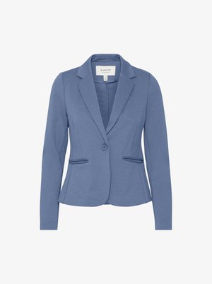 Blazer bleu avec une coupe slim, un col à cran, une fermeture à un bouton, deux poches avant et un tissu texturé.