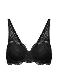 Reggiseno in pizzo nero con un design strutturato, caratterizzato da motivi intricati e bordi ondulati, spalline regolabili e una forma della coppa liscia e sagomata.