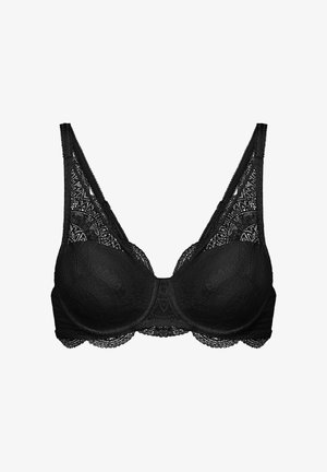 Mustakukka-bra, jossa on rakenteellinen muotoilu, näyttäviä kuvioita ja sahalaitareunat, säädettävät olkaimet ja sileä, muotoiltu kupin muoto.