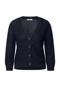 Námořnickomodrý pletený cardigan s výstřihem do V, uzávěrem na čtyři knoflíky a žebrovanými manžetami. Má strukturovaný vzor po celé ploše.