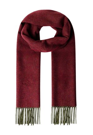 Burgundy wool scarf with olive green fringes, folded in a loop with both ends hanging down.