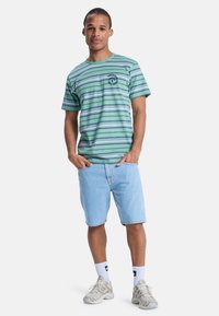 Green and blue striped t-shirt with short sleeves, round neck, and small printed logo. Paired with light blue denim shorts and sneakers.