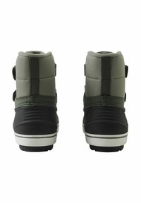 Green and black ankle boots with a padded upper, featuring Velcro straps and a textured sole. White rubber accents at the base.
