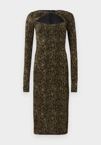 Black and gold leopard print dress with long sleeves, a fitted silhouette, and an open-back design featuring crisscross straps.