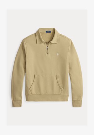 Sudadera beige con cuello de media cremallera, puños acanalados y un bolsillo tipo canguro en la parte frontal. Presenta un pequeño logo bordado en el pecho.