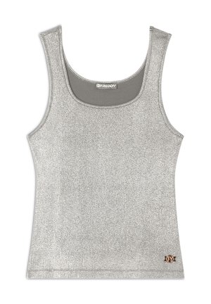 Top in tessuto metallico argentato con una superficie liscia. Presenta un collo rotondo e un piccolo logo decorativo sull'orlo.