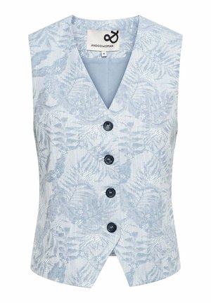 Lichtblauw mouwloos vest met een gestructureerd bloemenpatroon, voorzien van een V-halslijn en vier marineblauwe knopen aan de voorkant.