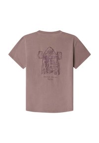 Trumpas rankovėmis, mauve spalvos marškinėliai su grafika, vaizduojančia riedlentę, su tekstu ir dizainais tamsesnėmis atspalviais. Minkšta medvilnės medžiaga.