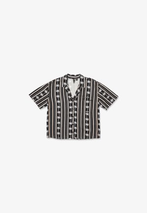 Kurzärmliges schwarzes Hemd mit weißen Palmen- und geometrischen Mustern. Verfügt über einen Kragen und eine Knopfleiste vorne. Leichtes Material.