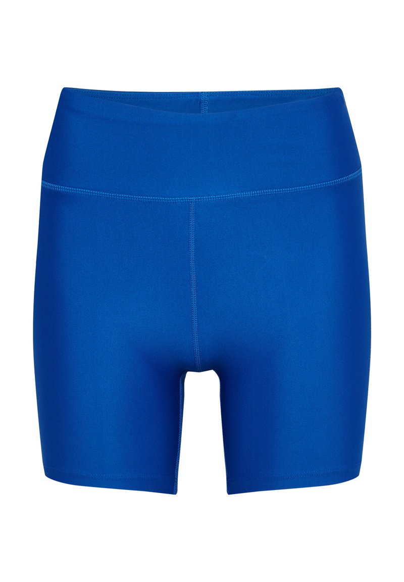 Niebieskie sportowe szorty wykonane z gładkiego, elastycznego materiału. Posiadają wysoki stan i płaskie szwy dla komfortu i elastyczności.