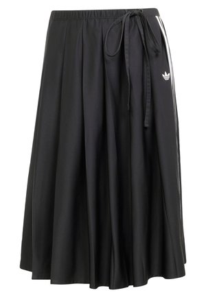 Black midi skirt with elastic waistband, side tie, white stripes, and Adidas trefoil logo on the right side.