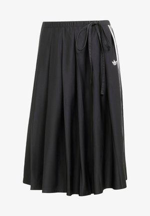 Svart midiklänning med elastiskt midjeband, sidoknytknytning, vita ränder och Adidas trefoil-logga på höger sida.