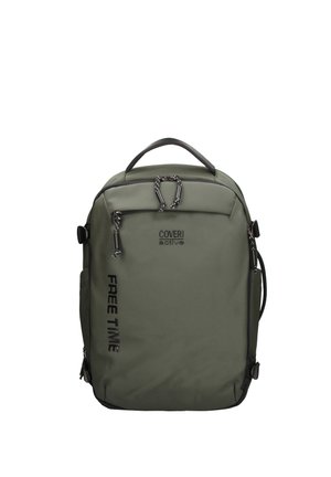 Zaino rettangolare verde oliva con cerniere nere, maniglia superiore, logo "COVERI active" e scritta "FREE TIME" sul pannello frontale.