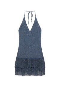 Robe bleu marine dos nu avec motifs en spirale de perles argentées et ourlet à volants superposés, sans manches avec un décolleté en V profond.