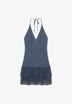 Halterneck marineblaues Kleid mit silbernen Perlenwirbelmustern und mehrlagigem Rüschenabschluss, ärmellos mit tiefem V-Ausschnitt.