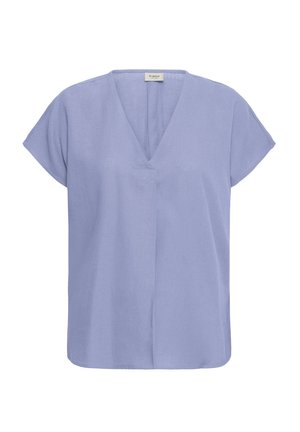 Svjetlofialna bluza kratkih rukava s V-izrezom i skrivenim prednjim šavom, izrađena od mekog tkanja.