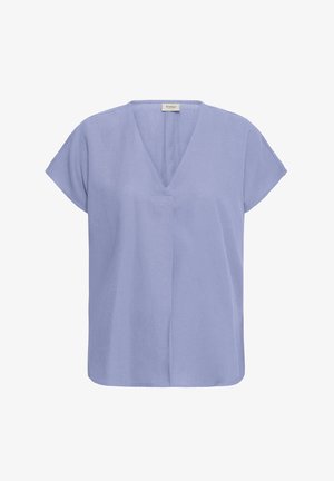 Vaaleanvioletti lyhythihainen paita V-kauluksella ja piilotetulla etusaumalla, valmistettu pehmeästä kankaasta.