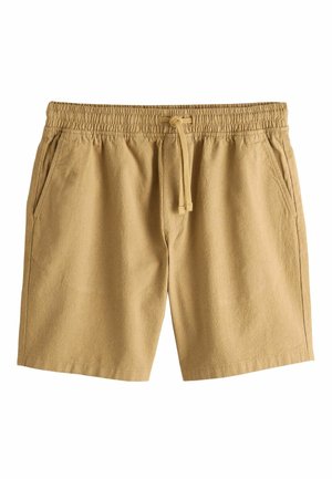 Beżowe krótkie spodenki do kolan z elastycznym pasem, regulowanym sznurkiem i bocznymi kieszeniami, wykonane z lekkiego, teksturowanego materiału.