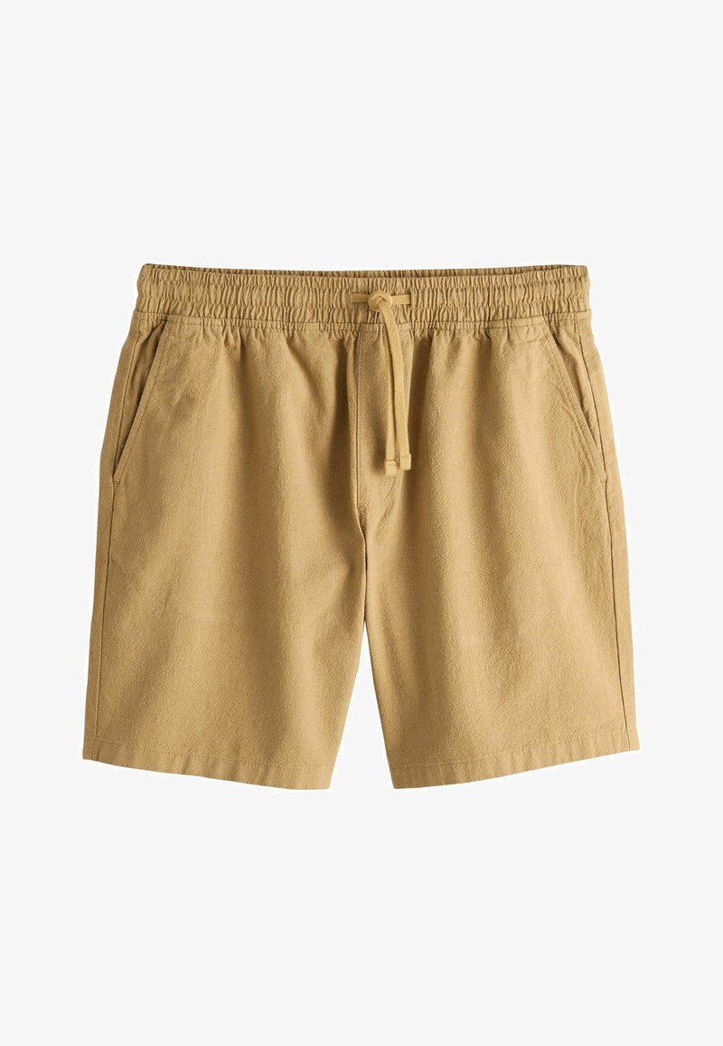 Shorts beige longueur genou avec taille élastique, cordon de serrage ajustable et poches latérales, fabriqués en tissu léger texturé.